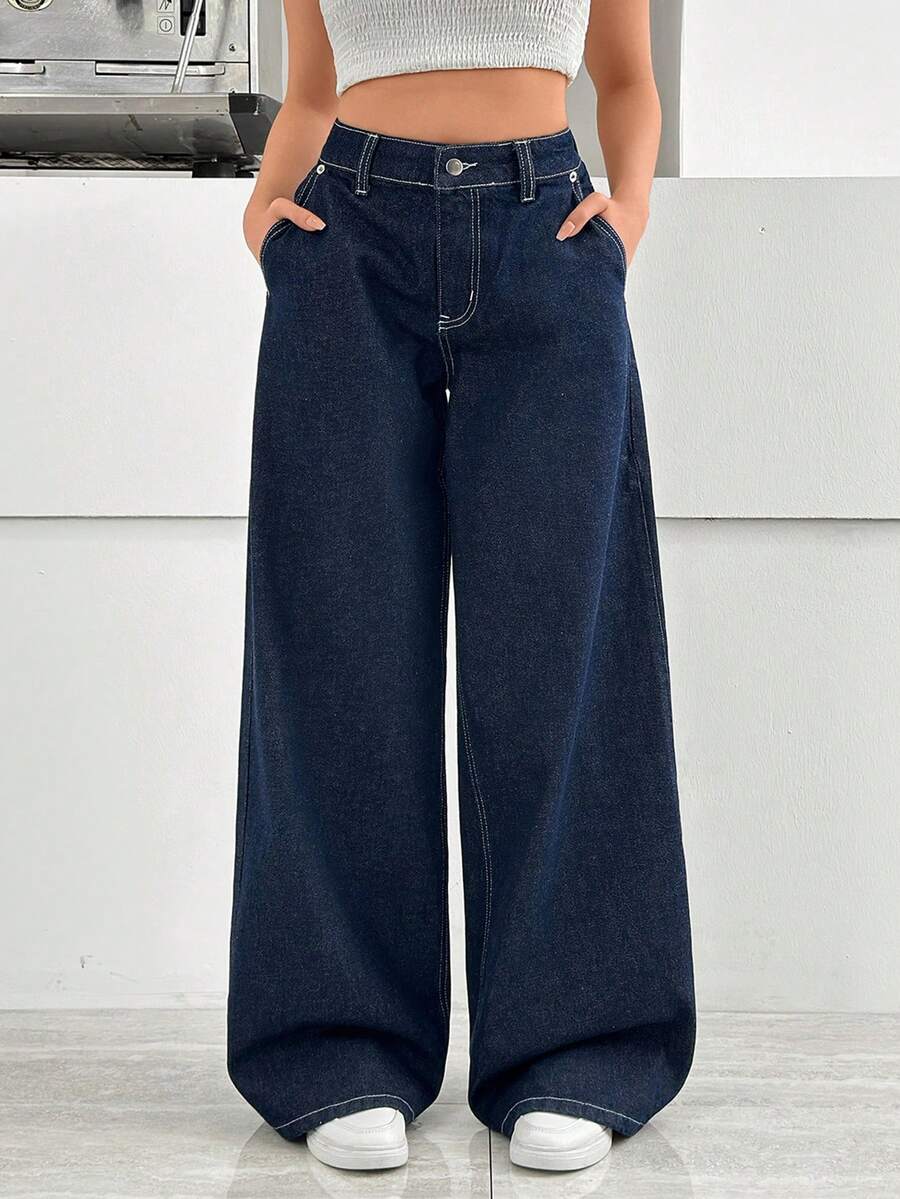 SHEIN Quần jean denim ống rộng cạp thấp, dáng suông, giặt thô - Rửa tối - Xem 1