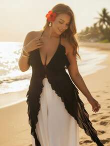 Auralis 大码女式性感吊带雪纺飘逸休闲沙滩度假上衣/不对称荷叶边下摆修身吊带衬衫 - 黑色 - 查看 2