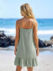 Sylviya 女士纯色褶皱串珠度假迷你吊带裙 - 綠色 - 查看 2