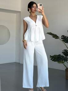 Firerie Bộ đồ nữ đơn sắc tối giản gồm áo không tay và quần, thích hợp mặc hàng ngày. - Màu be - Xem 4