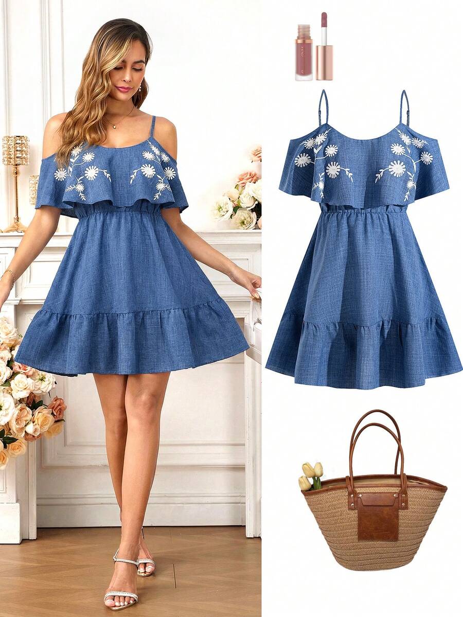 Ellevyn 女士新款时尚优雅露肩袖高端显瘦荷叶边迷你连衣裙，适合度假、日常穿着、聚会、下午茶等多种场合，夏季连衣裙 - 藍色 - 查看 1