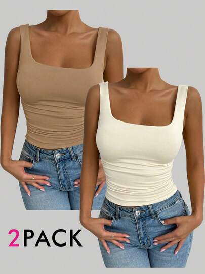 Elenzga Plus-Size Women's Square Neck Sleeveless Tank Top, Spring/Summer, Vacation, Basic White Tank Top For Going Out.