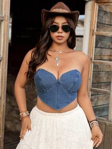 Breezaya Damen Bluse mit asymmetrischem Saum und Röhrchen-Top in Jeansoptik in Große Größen - Blau - Übersicht 5