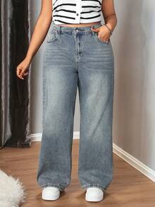 Truni 加大码 Y2k 宽松街头风格性感水洗阔腿牛仔裤，返校季，教师秋季女式宽松男友风牛仔裤 - 深色水洗藍 - 查看 6