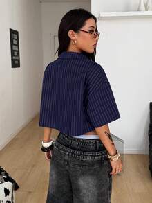 Coolane 女士春夏复古学院风格子宽松露脐上衣红色衬衫，适合新年穿着 - 寶藍色 - 查看 5