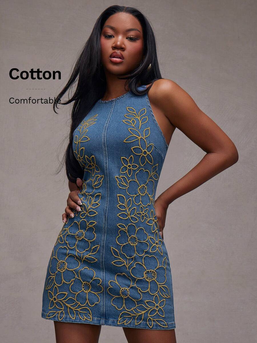 NYA SZN VESTIDO MINI DE MEZCLILLA BORDADO Y APLICADO - Azul lavado medio - Ver 1