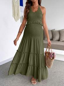 SHEIN 孕妇流苏U领无袖露背夏季吊带上衣和短裤两件套 - 軍綠色 - 查看 3