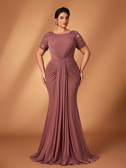 Serin Váy dạ hội cỡ lớn sang trọng, thanh lịch, đính đá lấp lánh, tay áo xuyên thấu, phối ren, chất liệu dệt kim co giãn ánh kim, dáng đuôi cá xếp ly, phù hợp cho đám cưới, tiệc tùng, lễ hội, cô dâu, mẹ cô dâu.