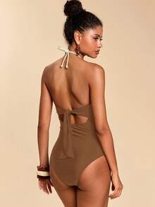 Travachic Áo tắm liền thân không tay, cổ yếm, phối màu tương phản dành cho nữ, thích hợp cho mùa hè đi biển. - Cà phê nâu - Xem 2