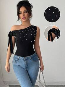Selianne Women's Asymmetrical Shoulder Bowknot Black , Summer, Elegant, Party Night Fitted Top, White Faux Pearl Holiday Top, Carnival - Black - View 3