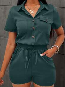 SHEIN LUNE Romper Wanita Kasual Musim Panas Warna Polos Kancing Setengah Resleting Tali Serut di Pinggang - Hijau - View 3