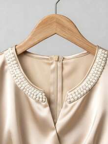 Lyxana Women's Elegant Summer Sleeveless Champagne Blouse,V-Neck Criss-Cross Design Pearl Decor,Waist Cinching White Party Blouse For Dates & Afternoon Tea - Champagne - View 5