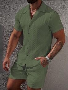 Manfinity CasualCool Men's Casual Button-Down Short Sleeve Shirt Set - Army Green - View 3