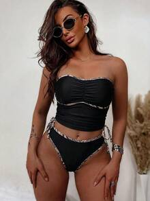 Swim SXY Set de bikini casual de playa con 2 piezas, estampado de leopardo, correa desmontable, pliegues en la cintura y cordón ajustable para mujeres - Negro - Ver 1