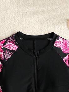 SHEIN 熱帶印花拼接短袖短褲一體式泳衣，防曬泳衣 粉色與黑色，夏季幽默沙灘度假假日青少年女孩泳裝 - 玫紅色 - 查看 3