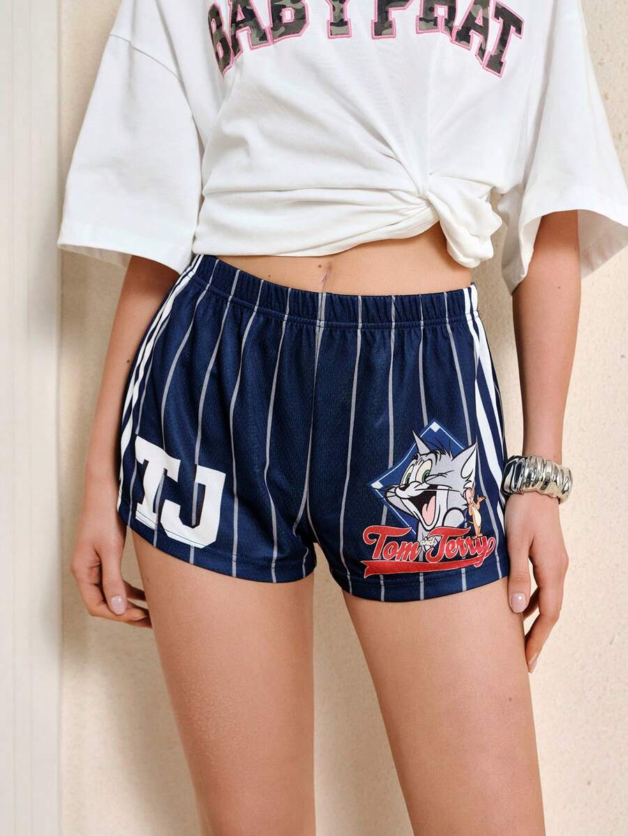 TOM & JERRY X SHEIN Quần short nữ kẻ sọc in hình hoạt hình, cạp chun, kiểu dáng thường ngày. - Màu xanh hải quân - Xem 1