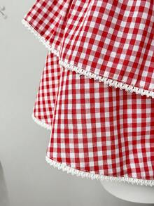 Sunspun Bộ 2 món gồm áo croptop in họa tiết ôm sát và chân váy xòe kẻ caro phối màu tương phản. - Đỏ - Xem 7