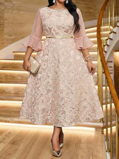 Fleurora فستان وردي كبير الحجم، فستان ربيعي/صيفي، فستان لامع، فستان منحني كبير الحجم، فستان رقعي بتنورة مكشكشة، مناسب للزفاف/الحفلات الرسمية/الكوكتيل/التخرج/عيد الأم، سلسلة الموضة