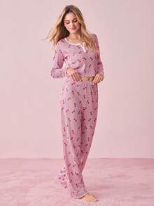 Bonmuse Women's Knitted Jacquard Heart Print Lace Trim Square Neck Collar Long Sleeve Pajama Set - Multicolor - View 8