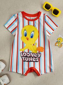 LOONEY TUNES X SHEIN 男婴休闲条纹卡通印花短袖连体衣，夏季 - 彩色 - 查看 1