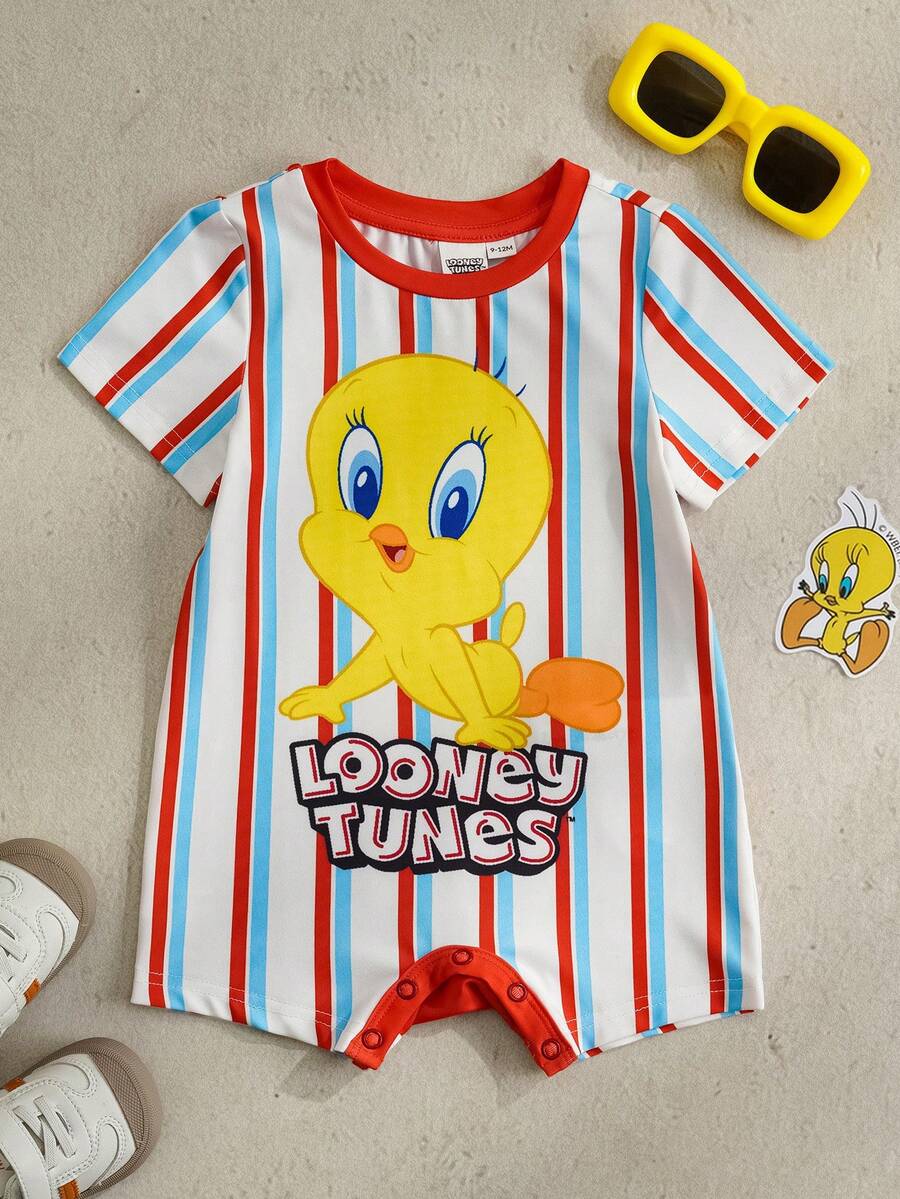 LOONEY TUNES X SHEIN 男婴休闲条纹卡通印花短袖连体衣，夏季 - 彩色 - 查看 1