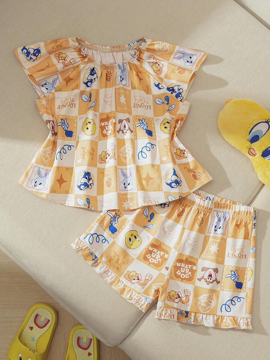 LOONEY TUNES X SHEIN 女婴格子卡通印花圆领上衣和短裤睡衣套装 - 黃色 - 查看 1
