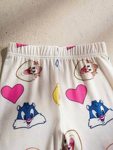 LOONEY TUNES X SHEIN Young Girl Casual Cute Cartoon Print Round Neck Short Sleeve T-Shirt And Shorts Set, Summer - Multicolor - View 4