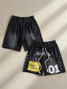 LOONEY TUNES X SHEIN Men's Letter Print Drawstring Waist Slant Pocket Casual Shorts - Black - View 1