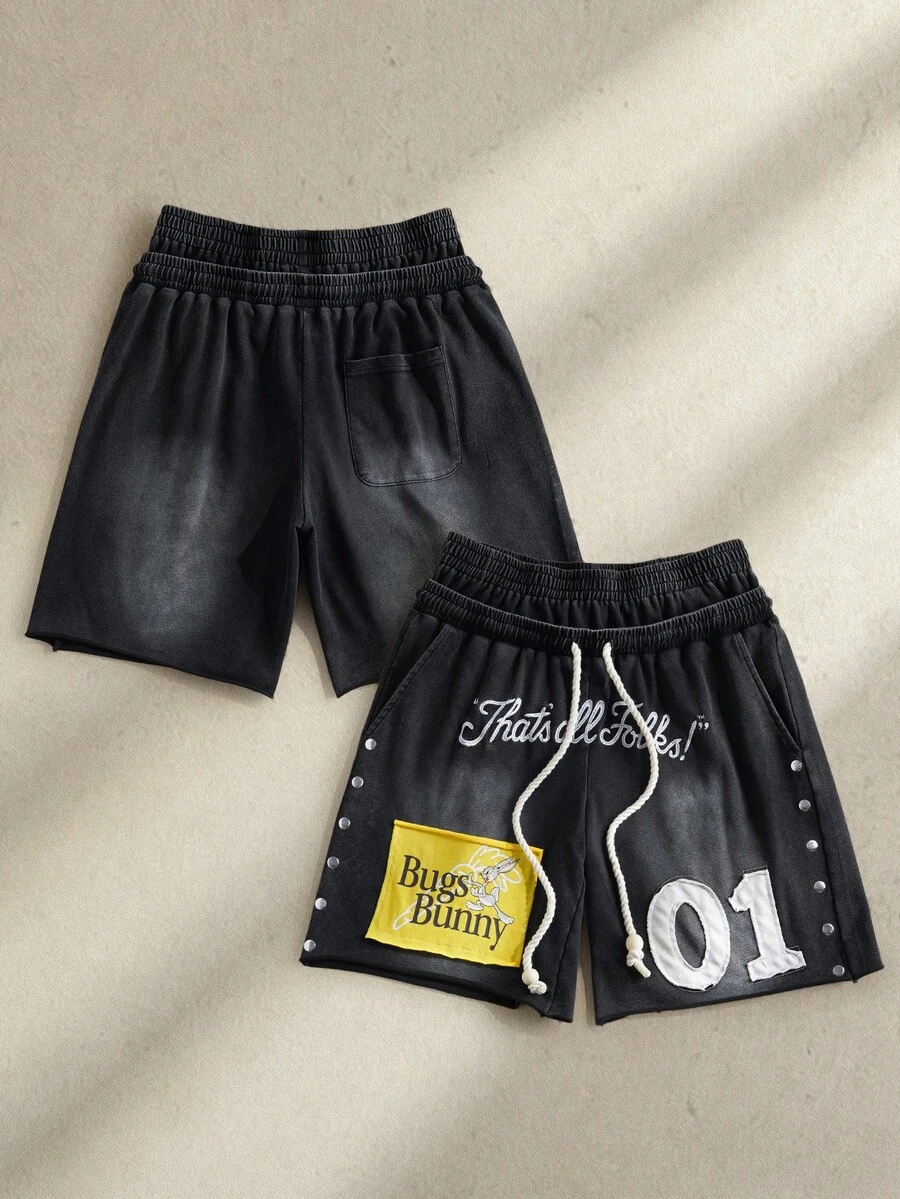 LOONEY TUNES X SHEIN Men's Letter Print Drawstring Waist Slant Pocket Casual Shorts - Black - View 1