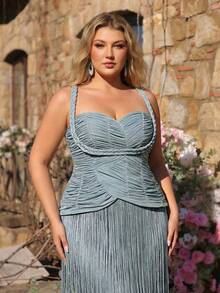 Glamrae 大码优雅灰绿色奢华闪亮针织无肩带褶皱腰身两合一流苏装饰紧身连体裤连衣裙，适合晚宴、展览、商务活动、婚礼、单身派对、度假、约会等正式场合。 - 綠色 - 查看 8