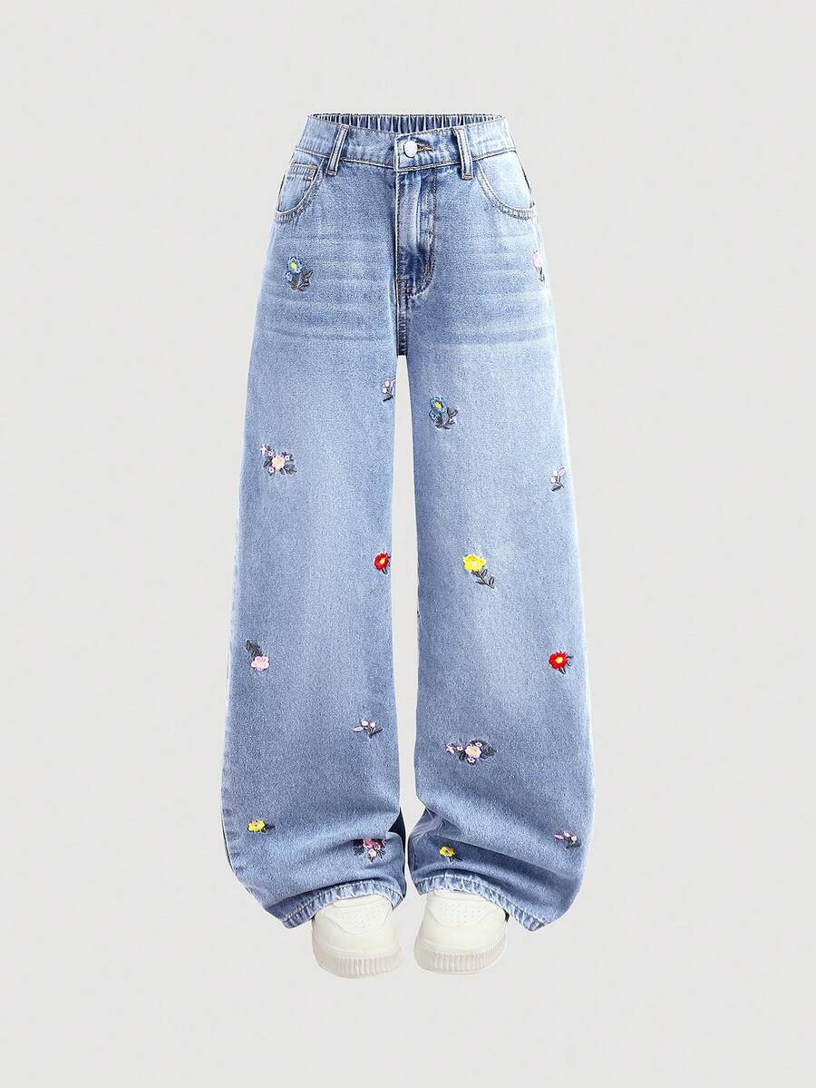 SHEIN 少女时尚休闲 Y2k 复古酷炫街头刺绣设计复古水洗高腰猫须水洗宽松直筒牛仔裤日常穿搭春夏狂欢节和街头服饰新款 SS26 时尚 - 藍色 - 查看 1