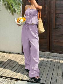 SHEIN EZwear 灰紫色編織棉麻女款抹胸上衣休閒波西米亞度假套裝女裝夏季穿搭女套裝女兩件套休閒套裝女裝女兩件套休閒套裝女裝女連身褲居家套裝女裝女套裝海灘海灘度假假日 - 紫丁香色 - 查看 5