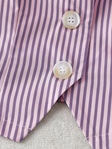 GlowEve 女士优雅通勤紫色条纹V领单排扣修身无袖上衣 + 女士优雅通勤白色人字纹双口袋设计短裤，春夏款 - 彩色 - 查看 6