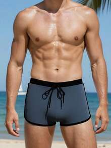 CoralVoy Bañador de verano para hombre con cintura con cordón y contraste de color, pantalones cortos de playa, traje de baño, pantalones cortos de natación, vacaciones - Gris - Ver 4