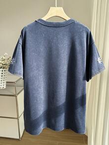 SHEIN EZwear 大码女式圆领花卉刺绣休闲百搭日常短袖T恤，夏季 - 藏蓝色 - 查看 2