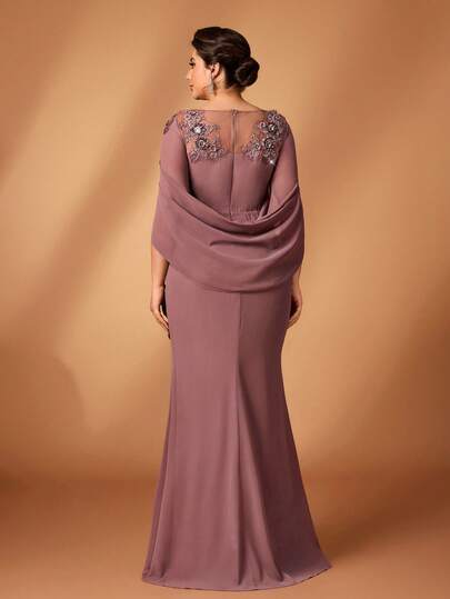 Serin 大码女士优雅灰粉色雪纺面料透视长袖褶皱亮片贴花鱼尾连衣裙，适合新娘母亲婚礼、正式活动、音乐节、派对、新娘母亲晚礼服