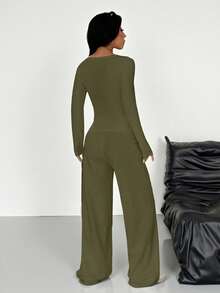 SHEIN EZwear Trang phục thường ngày bằng vải dệt kim màu xanh ô liu dành cho nữ - xanh quân đội - Xem 6