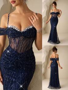 Coutiva 女士串珠网纱拼接亮片装饰正式晚礼服 - 寶藍色 - 查看 3