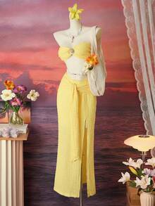 Bellisia Thời trang đi biển mùa hè 2026 dành cho nữ: Bikini, bộ đồ dệt kim, áo tắm ren gợi cảm. - Màu vàng - Xem 8