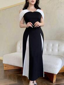 Modelyn Đầm dự tiệc thanh lịch, ôm sát, màu đen trắng phối hợp chất liệu dệt kim dành cho nữ, kiểu dáng trễ vai. - Đen và trắng - Xem 6