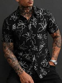 Manfinity Homme 男士休闲装，度假必备：黑色短袖衬衫，简约数码印花，宽松版型，纽扣开合。男女通用，纽扣衬衫，黑白衬衫。男士经典款，适合日常休闲、周末旅行、户外活动、探险旅行、轻松的工作环境或半正式场合，也可作为男友/丈夫礼物、周年纪念/生日礼物、派对、暑假、婚礼、春夏交替、狂欢节等场合穿着。男士黑色印花短袖纽扣衬衫，时尚夏威夷风情上衣，黑白男士衬衫，男士印花纽扣衬衫，男士花衬衫，芙蓉花衬衫，黑白夏威夷衬衫。 - 黑色 - 查看 8
