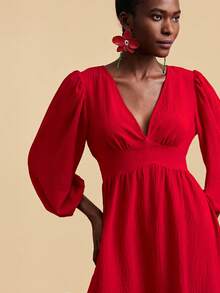 Travachic Women's Solid Red V-Neck Ruched Mini Dress,Elegant Boho Autumn Vacation Holiday Outfit,Fashionable Party,Wedding Guest,Beach,Birthday Floral Dresses - Red - View 8