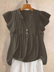 Linhara Plus Size Women's Solid Color V-Neck Casual Versatile Daily Wear Shirt - Grey - View 3