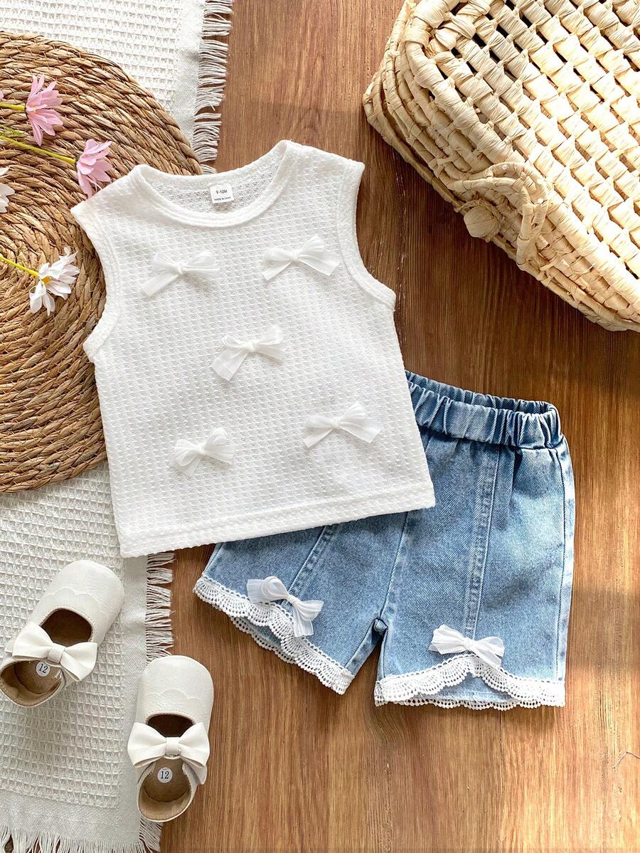SHEIN Baby Mädchen süßer Prinzessinen-Stil ärmelloses Top mit Schleifen-Dekor und passende Shorts, figurbetonter Schnitt, geeignet für tägliche Ausflüge, Familienfeiern, Geburtstagsfeiern, Freizeitaktivitäten und Fotoshootings - Aprikosenfarben - Übersicht 1