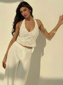 Aloruh 优雅性感女士露背蕾丝吊带背心/华丽上衣/性感炸弹上衣/沙滩度假上衣，适合婚礼季 - 杏色 - 查看 6