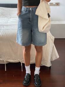 Livesso Quần short denim nữ dáng suông 5 điểm họa tiết râu mèo, kiểu dáng mùa hè. - Rửa trung bình - Xem 2