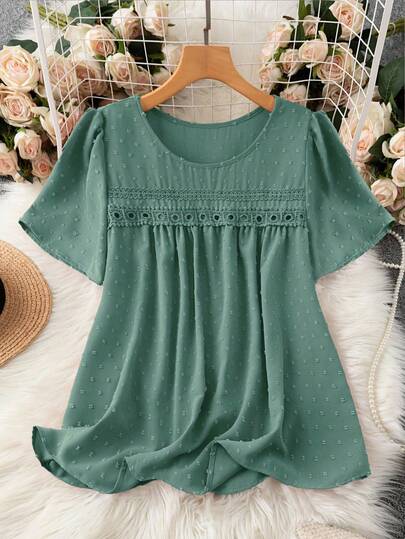 EMERY ROSE Plus Size Women Round Neck Jacquard Pleated Casual Versatile Daily Wear Short Sleeve Blouse