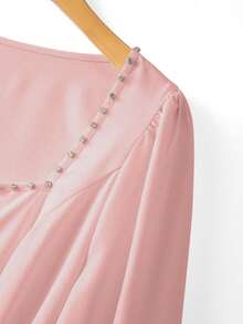 GlowEve CURVE Rhinestone Embellished Square Collar Cute Bow Plus Size Blouse - Dusty Pink - View 5