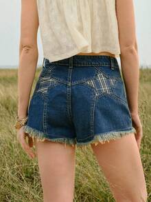 WESTFADE Plaid Star Back Pocket Cotton Blend Denim Shorts,Navy Blue,Summer,Country Western,Concert,Cowgirl,Boho,Vacation,Beach,Festival,Nashville Rodeo - Medium Wash - View 2
