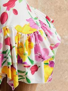 Mistrie 夏季新款碎花V领吊带腰部不对称荷叶边下摆女士度假连衣裙 - 彩色 - 查看 4